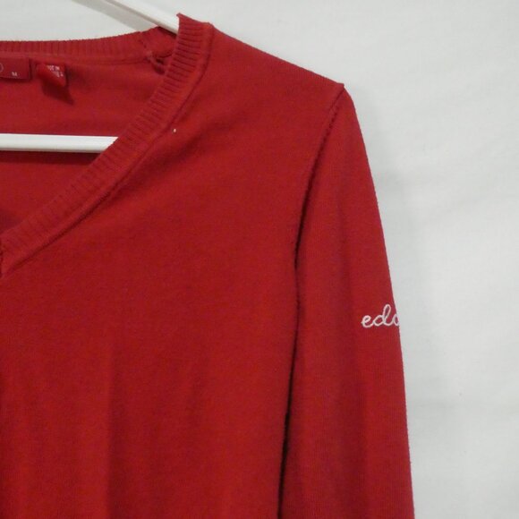 EDC By ESPRIT | medium | Elegant Red V-Neck Sweater | Stitched Logo On Sleeve - Picture 5 of 15